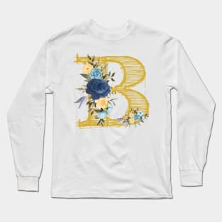 Monogram Letter B In Metallic Gold With Aesthetic Blue Flowers Botany Long Sleeve T-Shirt